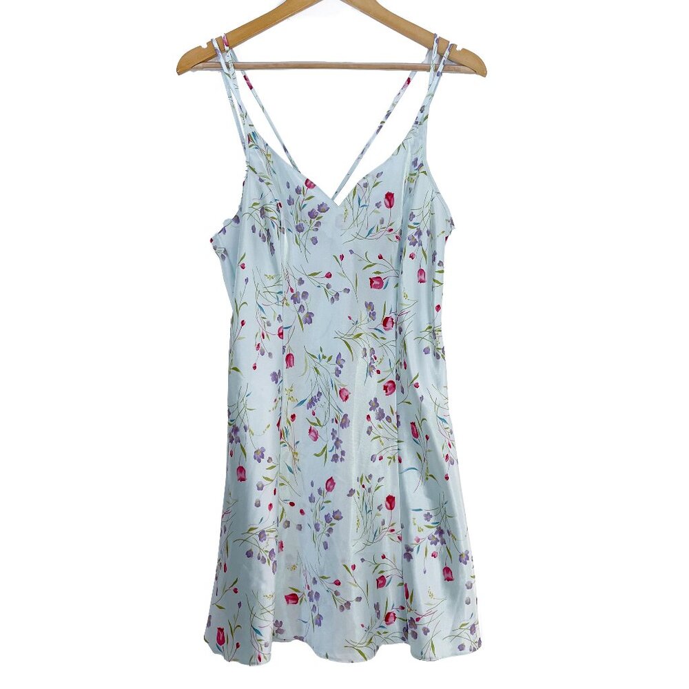 Vintage 90's Jaclyn Smith  Floral Satin Slip Chemise Dress Pale Blue Size L